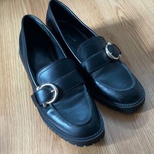 Marc Fisher Black Leather Loafers with Silver Buckle